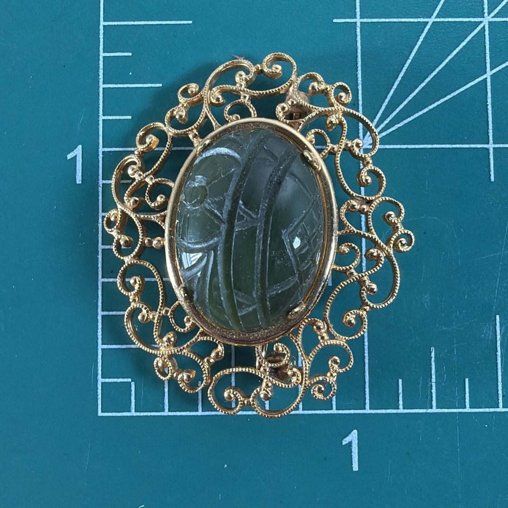 Vintage Van Dell Floral Flower Carved Jade 12k Gold Filled Brooch Pin Scroll